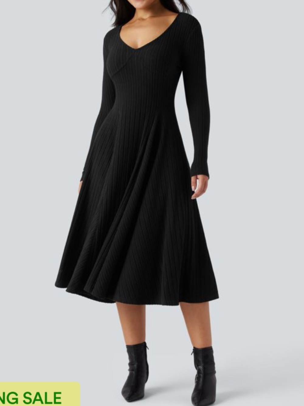 Halara V Neck Ribbed Long Sleeve Flare  Midi Casual Pockets Dress Black M NWT